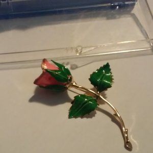 Rose Brooch Pin Gold Pink Green In Original Box New 3" Long 1 3/4" Wide